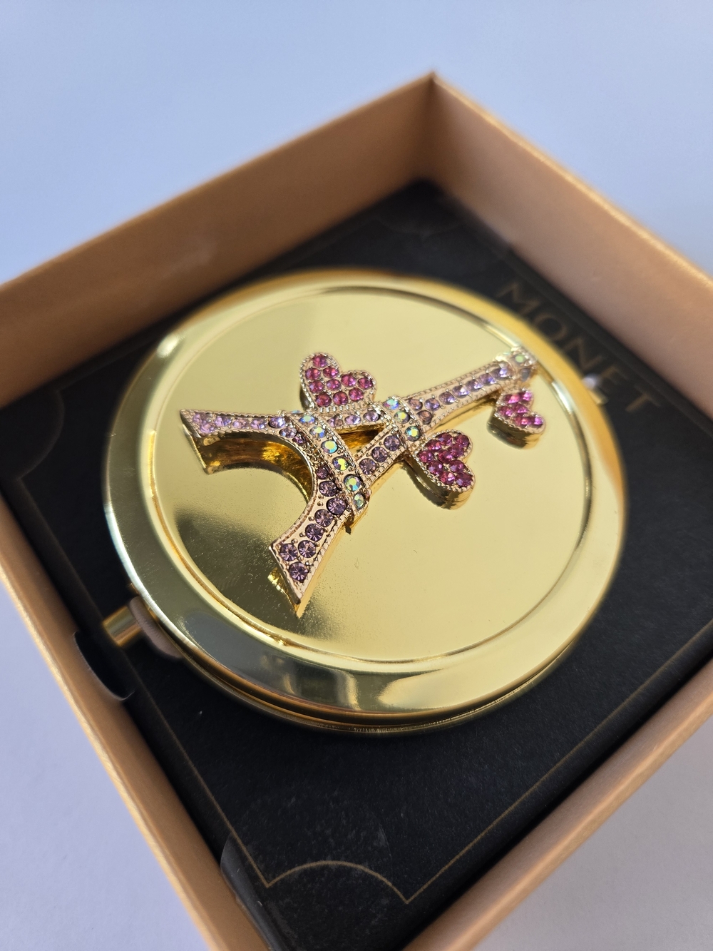 NIB Monet Gold Eiffel Tower Rhinestone Compact Mirror - Picture 6 of 8